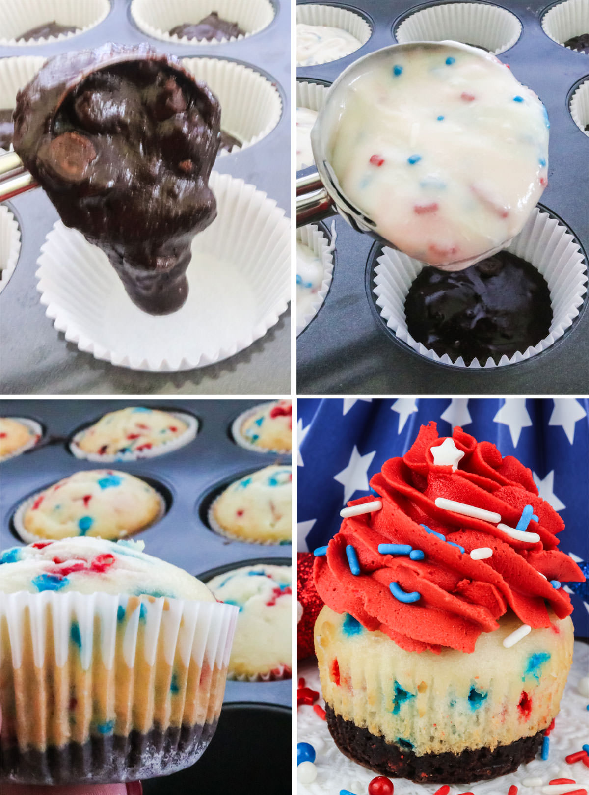 Collage image showing the steps you'll need to take to make Patriotic Brownie Cupcakes.