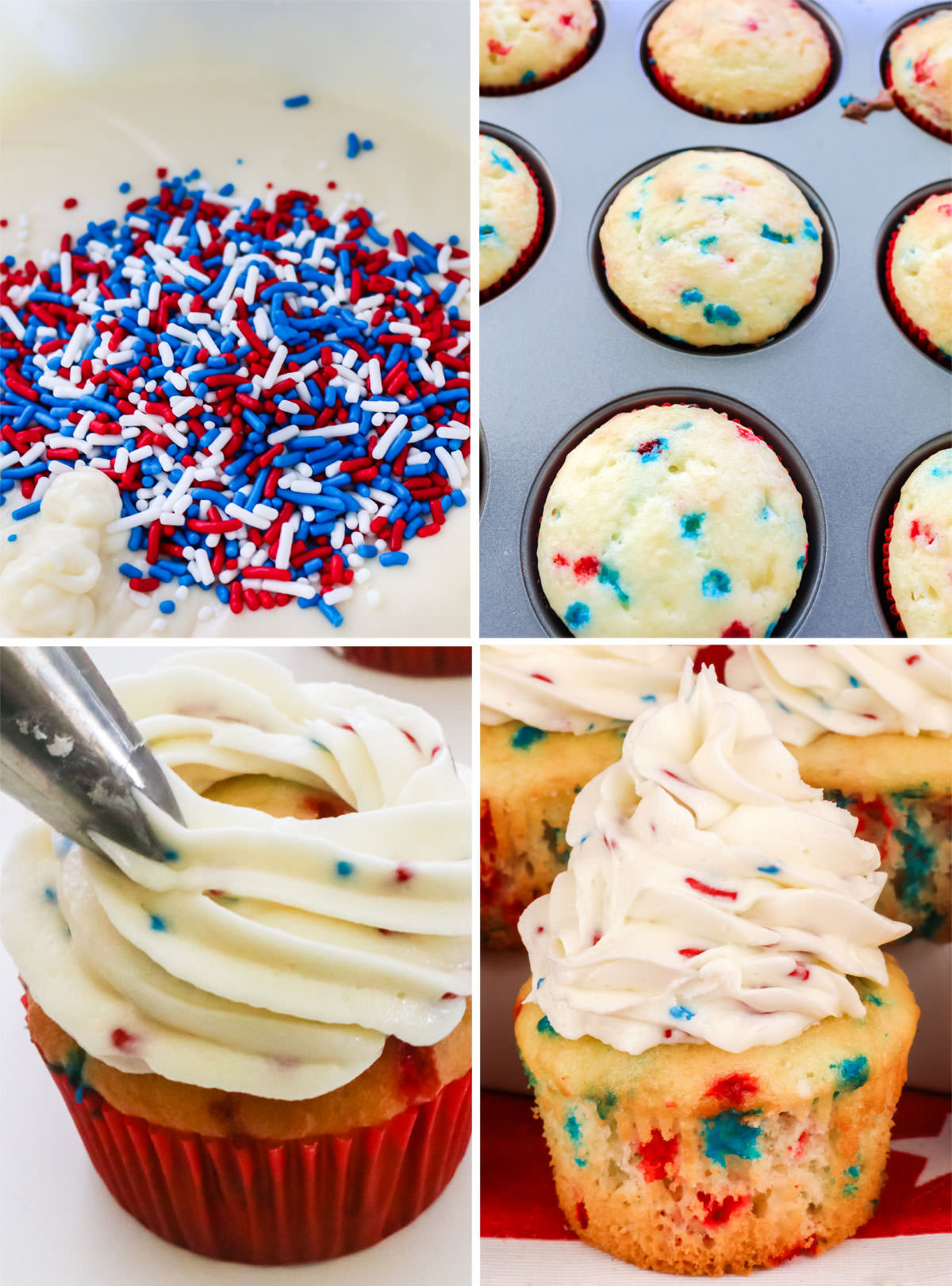 Collage image showing the steps necessary to create Red White and Blue Confetti Cupcakes for 4th of July.