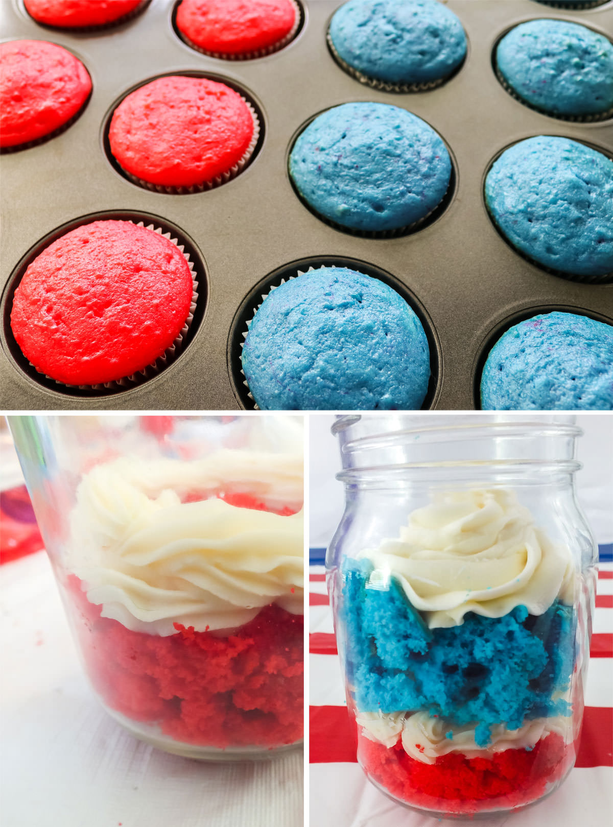 Collage image showing the steps on how to make Red White and Blue Cupcake in Jar.