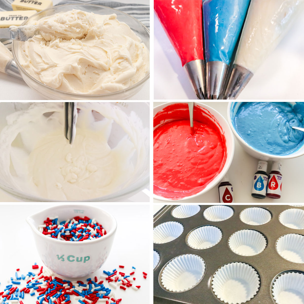All the ingredients you will need to make six different 4th of July Cupcakes including White Cake Mix, Buttercream Frosting, Sprinkle and Food Coloring.
