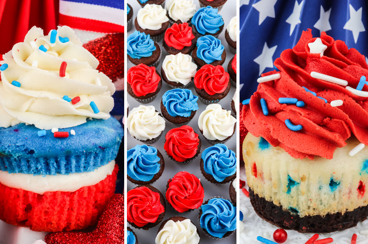 Collage image showing three different 4th of July Cupcake ideas all three of them using white cake mix and buttercream frosting.