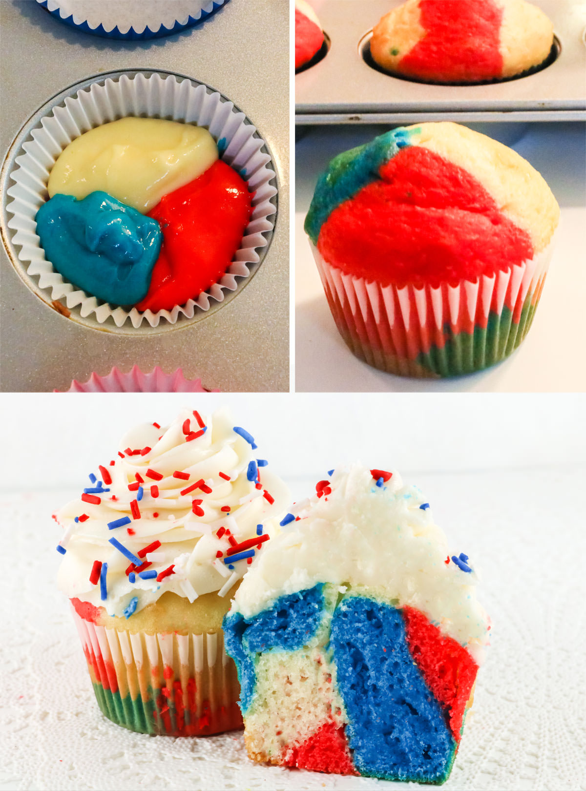 Collage image showing the steps need to make Patriotic Marble Cupcakes.