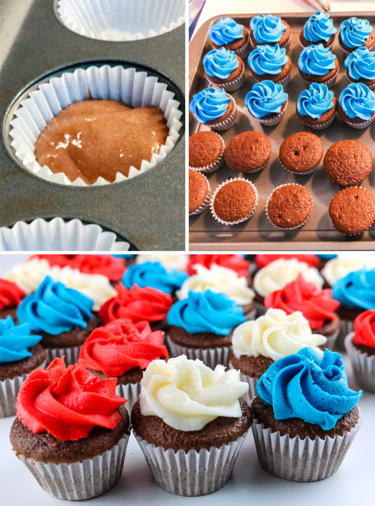 Collage image showing the steps required to make Red White and Blue Mini Cupcakes.