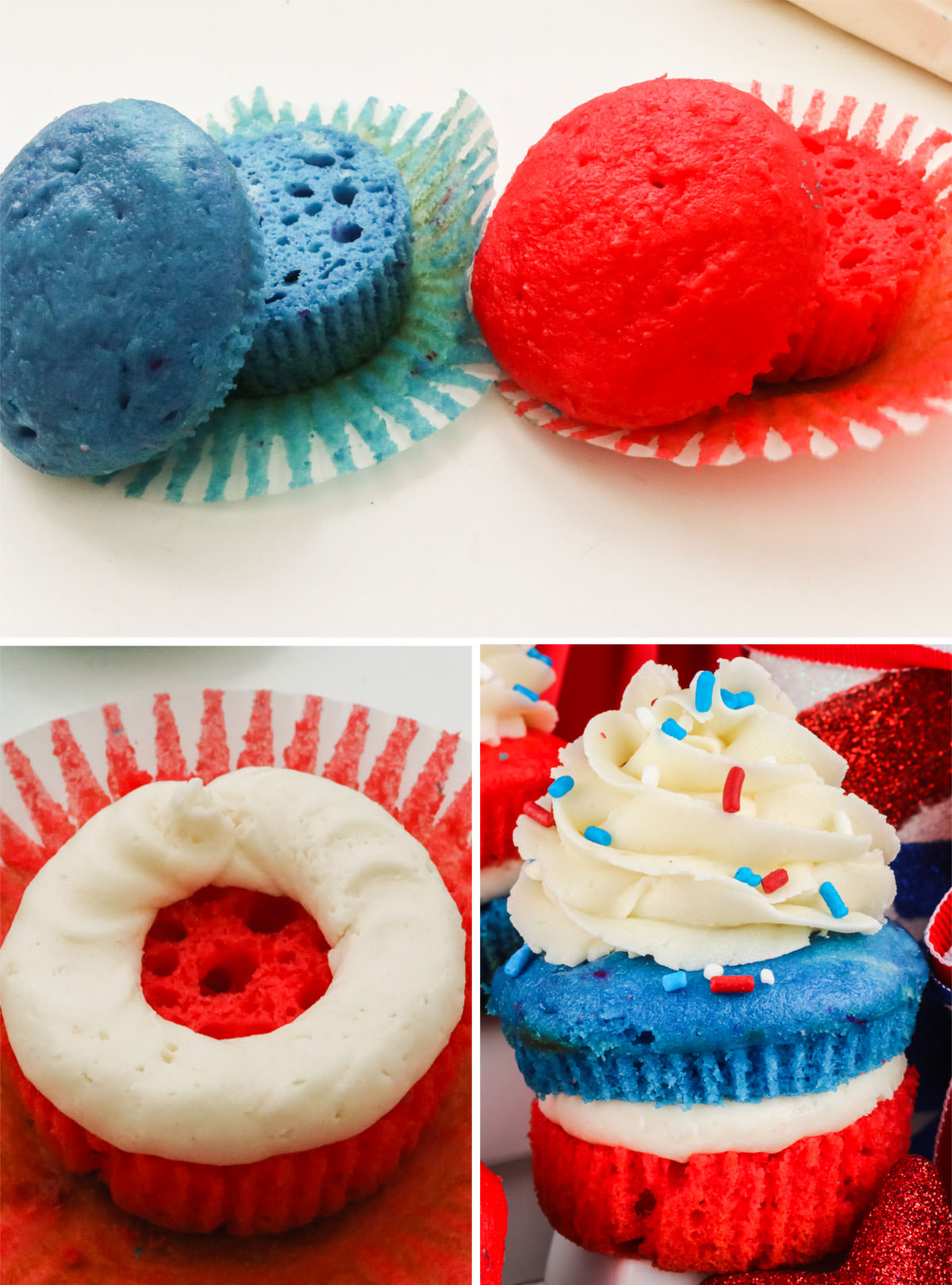 Close up on the steps required to make Red White and Blue Cupcakes.
