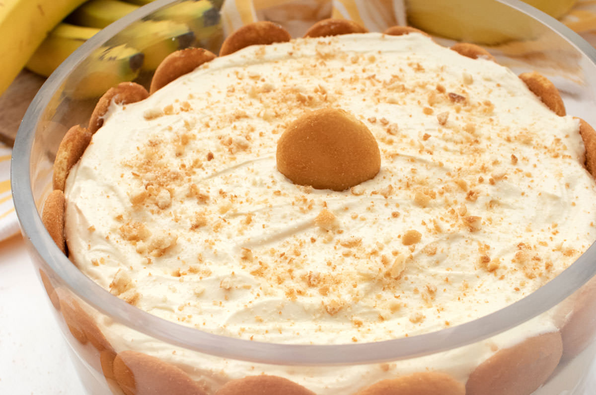 An overhead shot of a bowl of Banana  Pudding.