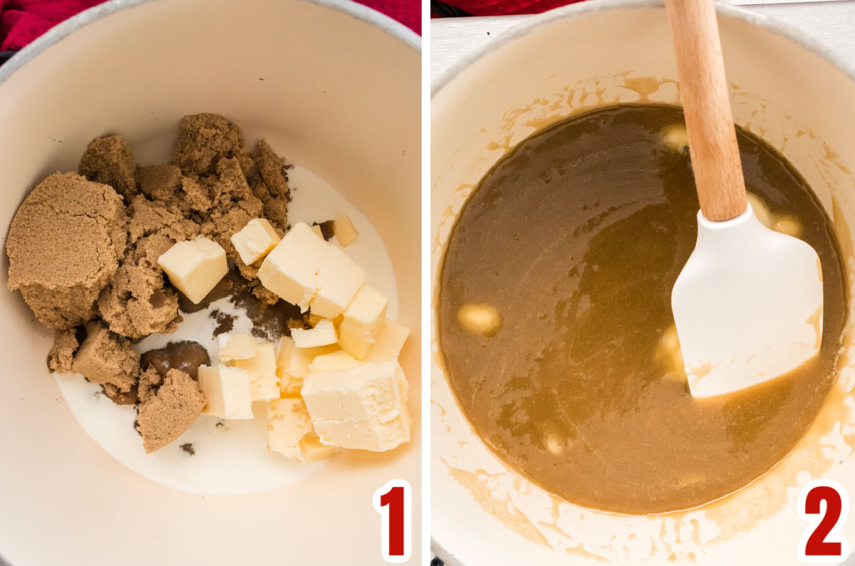 Collage image showing how to melt together the brown sugar, milk and butter to make a homemade caramel sauce.