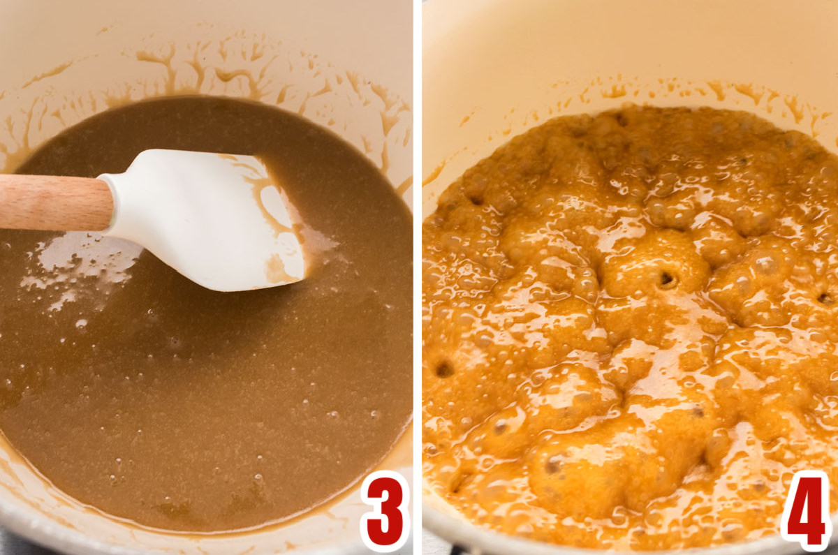 Collage image showing the steps on how to cook the caramel sauce for the Caramel Frosting.