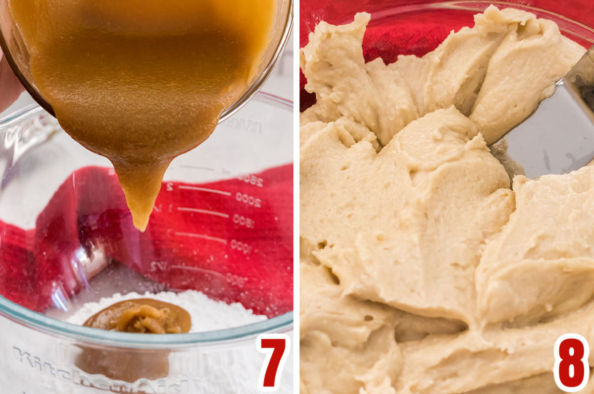 Collage image showing the steps for mixing the homemade caramel sauce with powdered sugar to make the Caramel Buttercream Frosting.