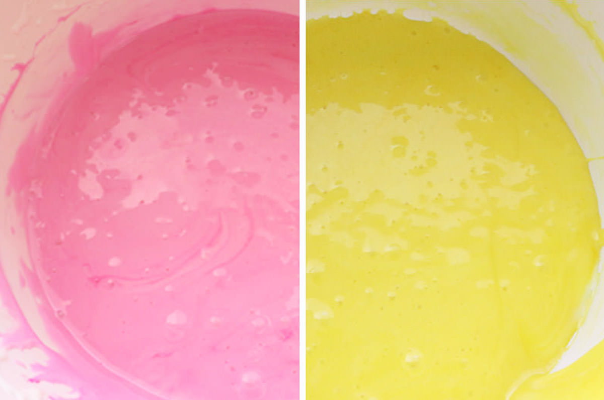 Collage image showing a bowl of pink and a bowl of yellow melted marshmallow mixture.