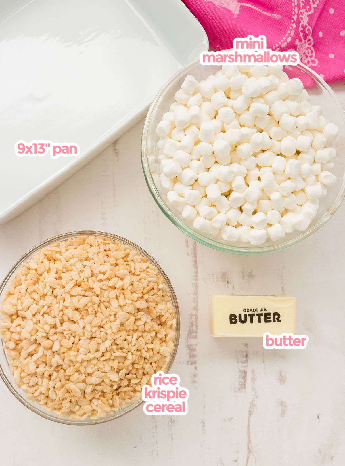 All the ingredients you will need to make Rice Krispie Treats including Mini Marshmallows, Rice Krispie Cereal, Butter and a 9x13" pan.