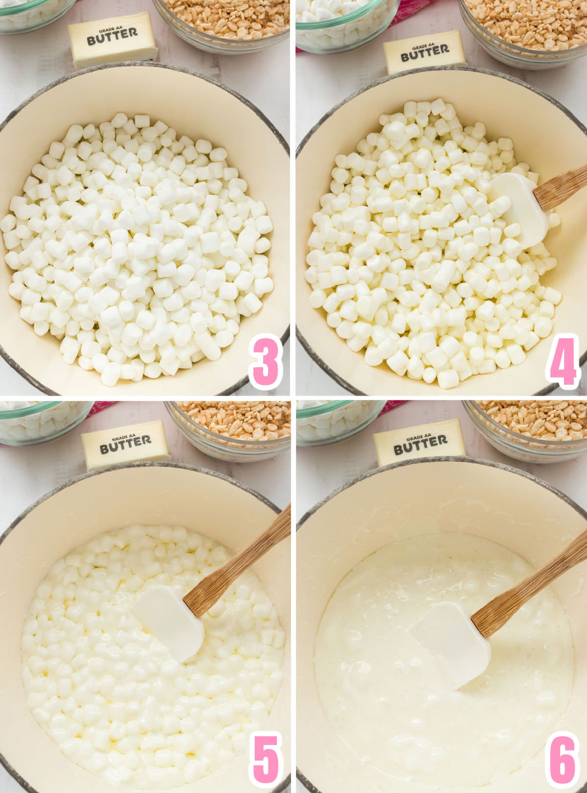 Collage image showing the steps for making the marshmallow mixture.