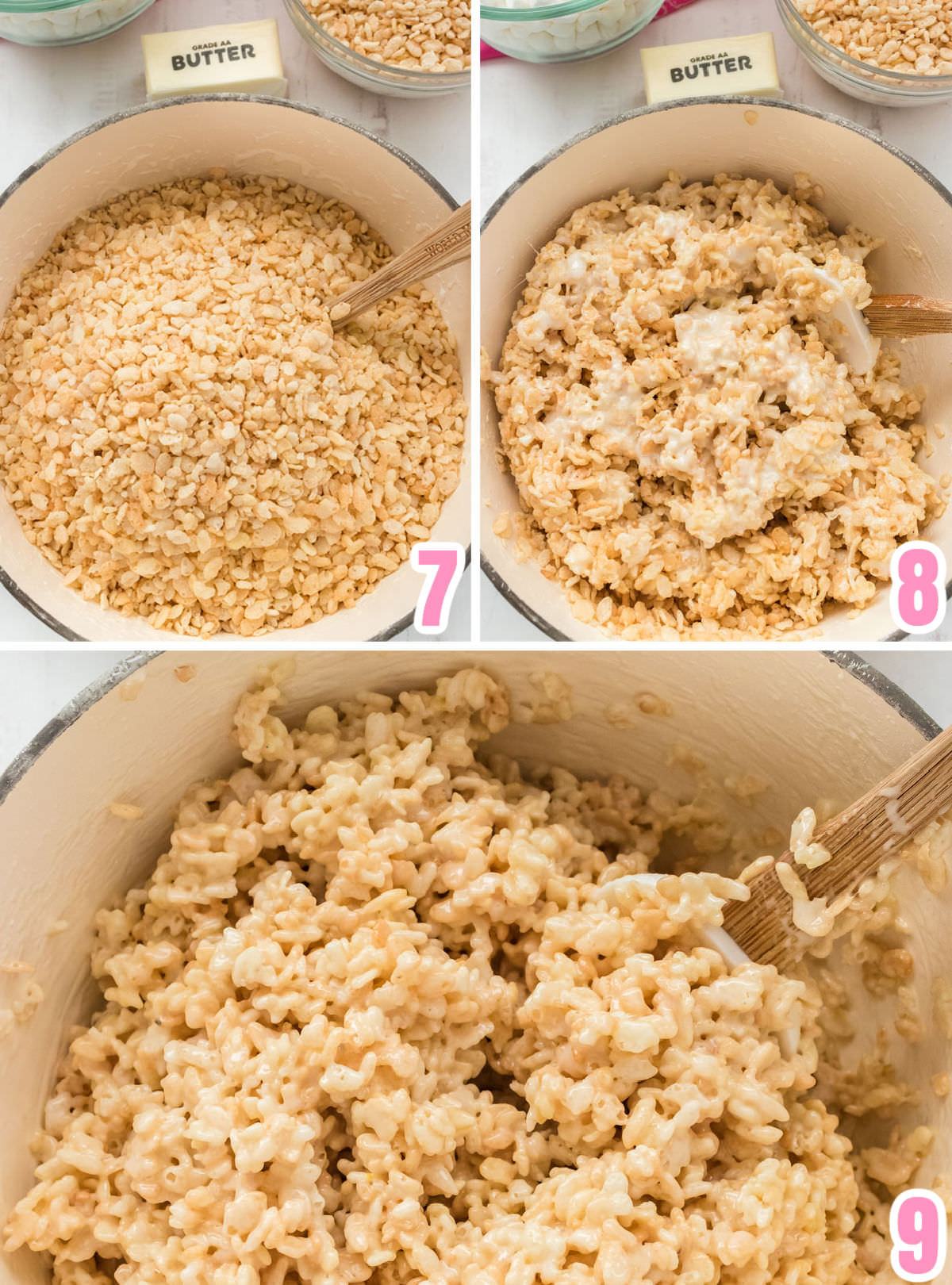Collage image showing the steps for coating the Rice Krispie Cereal with the marshmallow mixture.