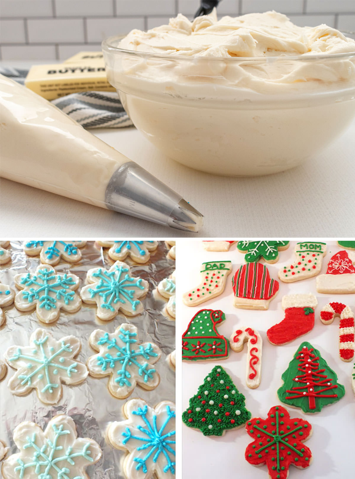 Collage image showing a bowl of Buttercream Frosting and sugar cookies decorated with buttercream frosting for Christmas.