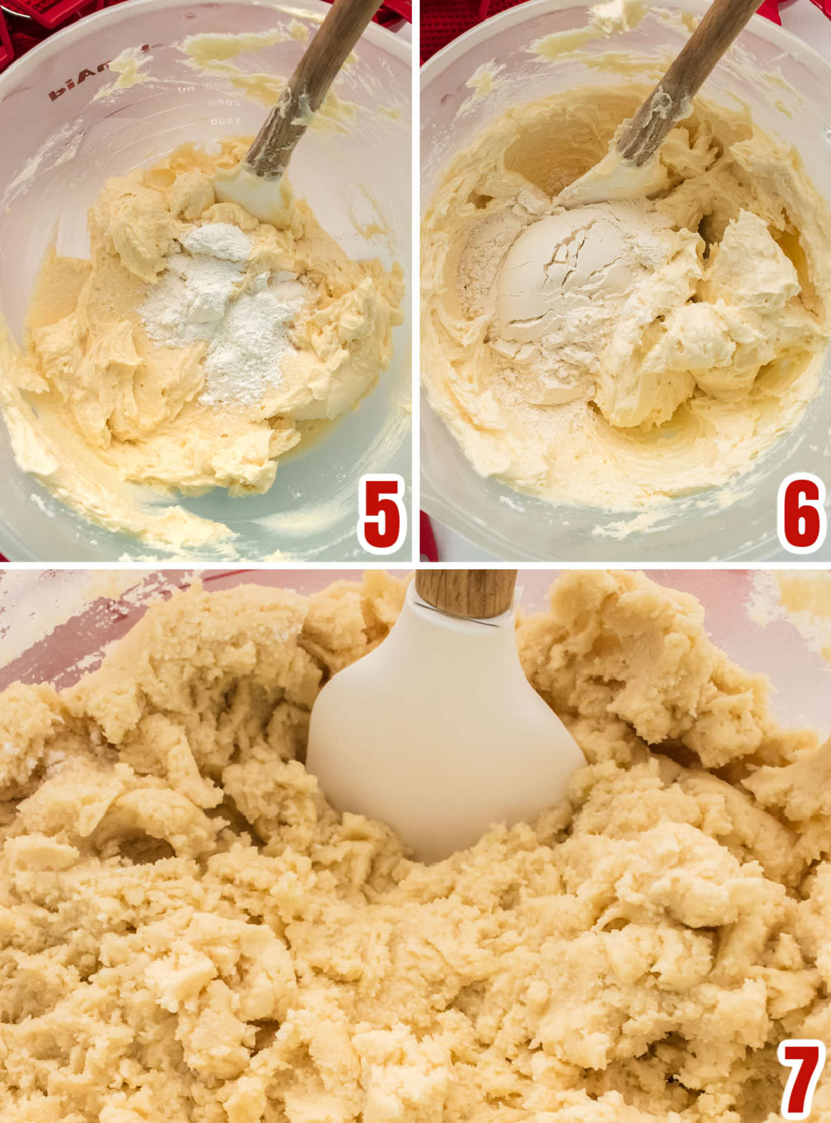 Collage image showing the steps for adding the dry ingredients to the Sugar Cookie dough.