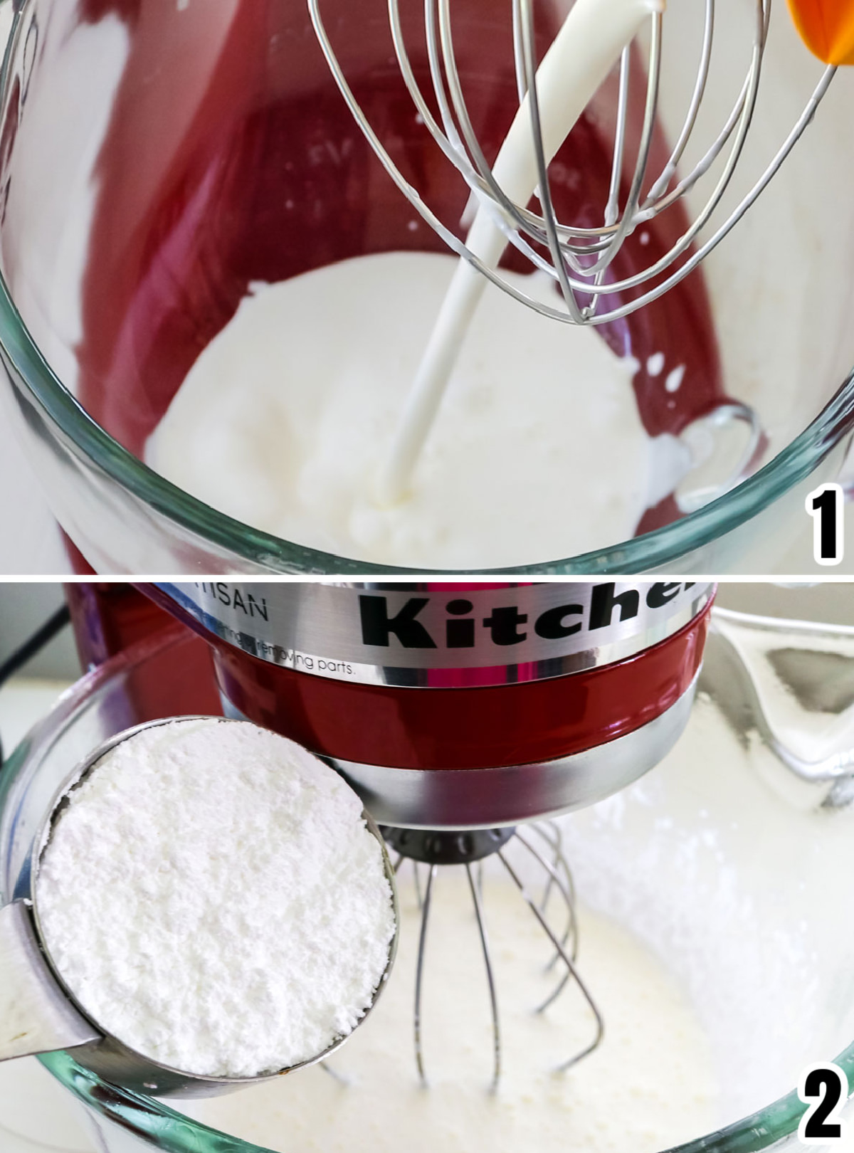 Collage image showing the steps for adding the heavy whipping cream and the powdered sugar to the mixing bowl.