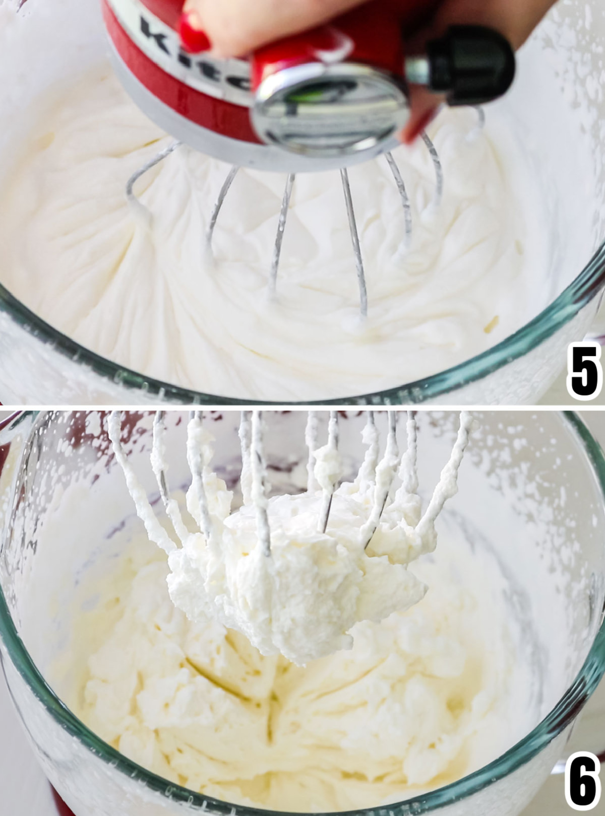 Collage image showing the steps for whipping the frosting into the correct consistency.