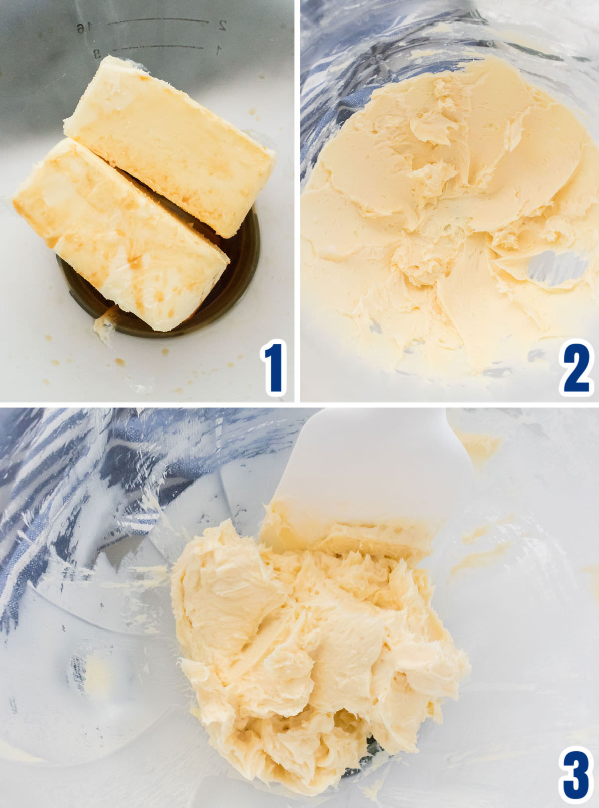 Collage image showing how to cream the butter and the vanilla extract to make the Vanilla Frosting.