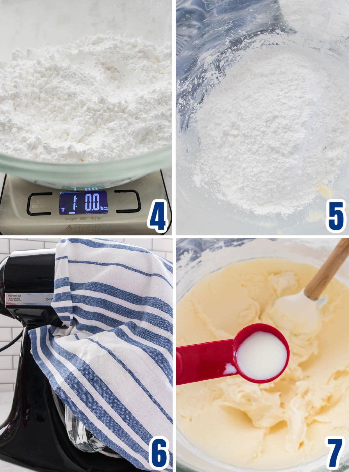 Collage image showing how to add the powdered sugar to the frosting.