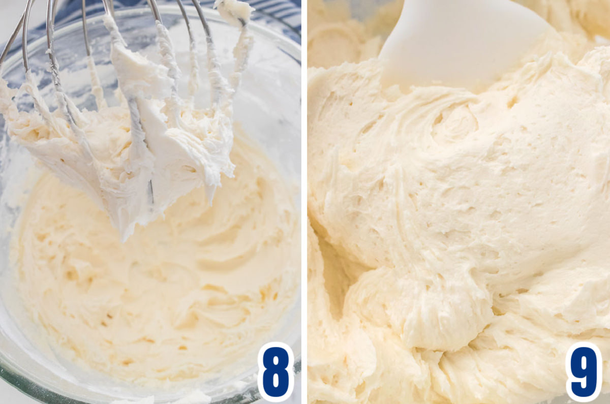 Collage image showing how to whip up the frosting using the whisk padde.