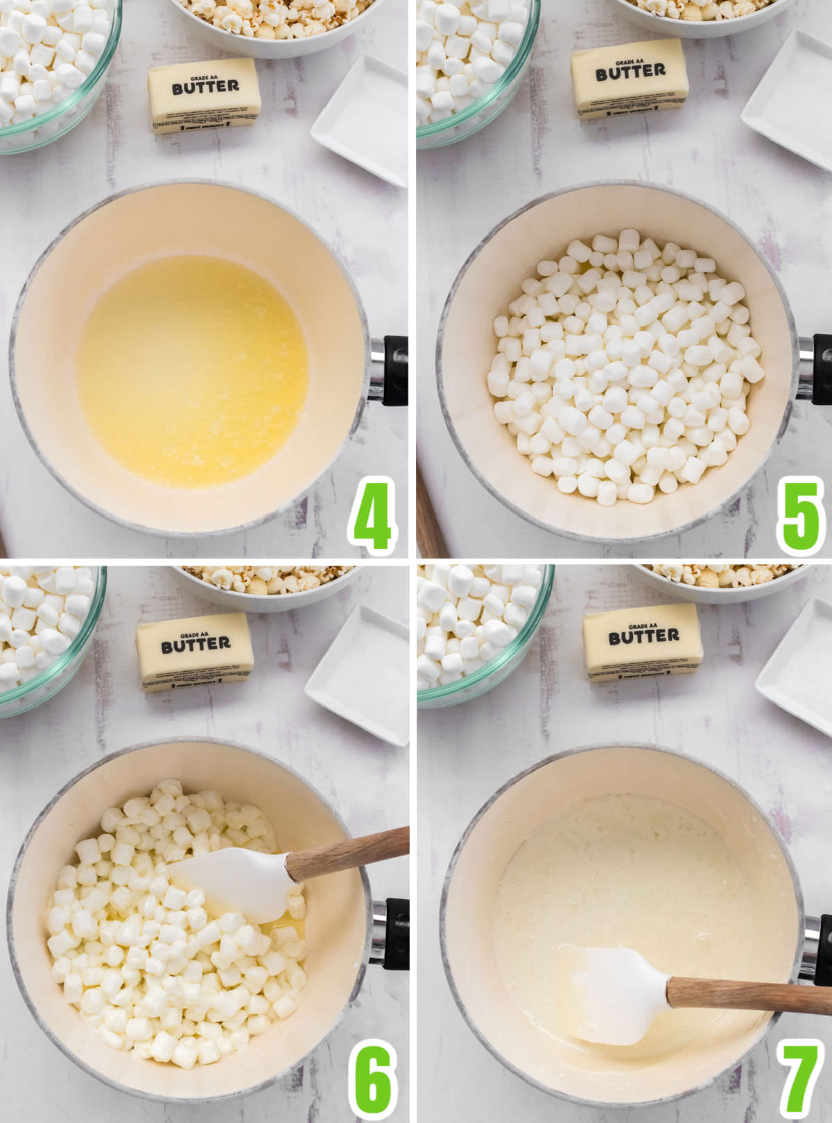 Collage image showing how to make the Marshmallow mixture for the Bewitched Halloween Popcorn.