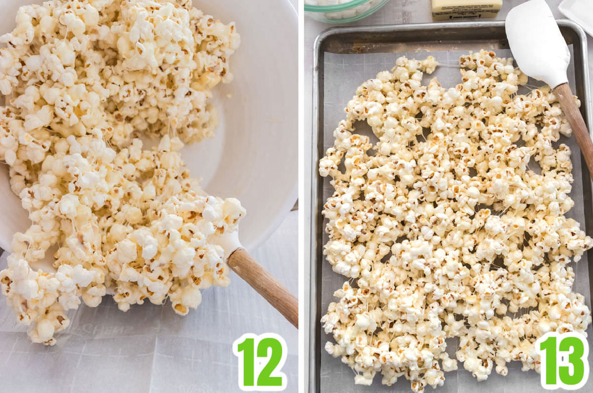 Collage image showing how to pour the Marshmallow Popcorn onto a prepared cookie sheet.
