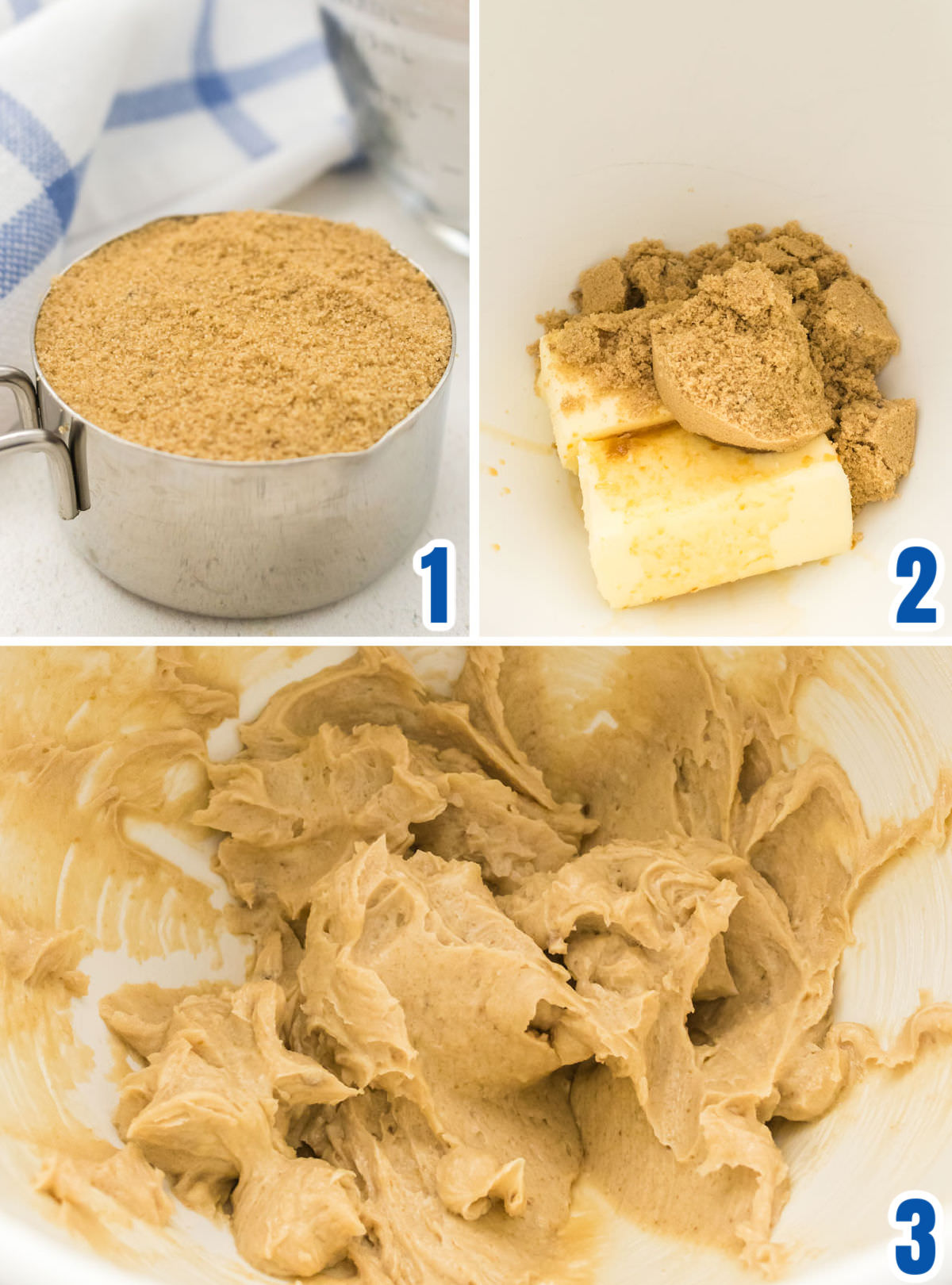 Collage image showing the steps for combining the butter, brown sugar and vanilla.