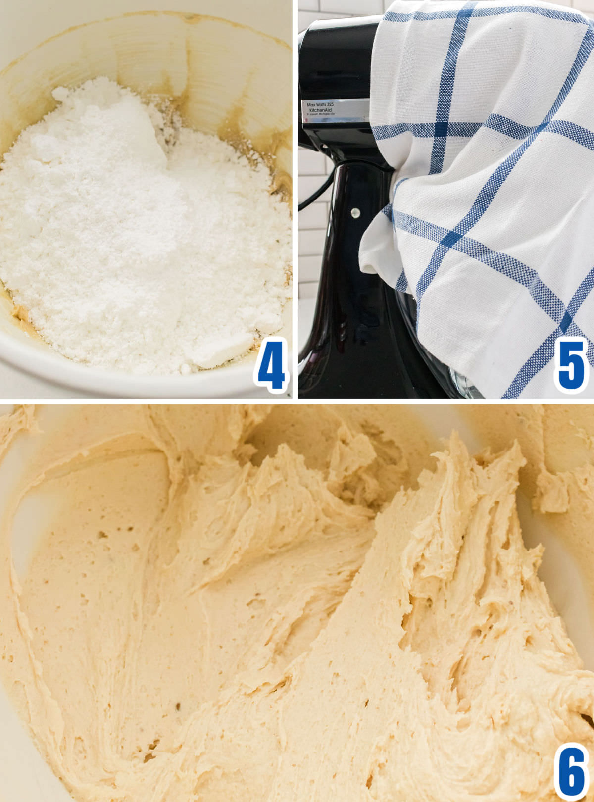 Collage image showing how to add the powdered sugar to the frosting.