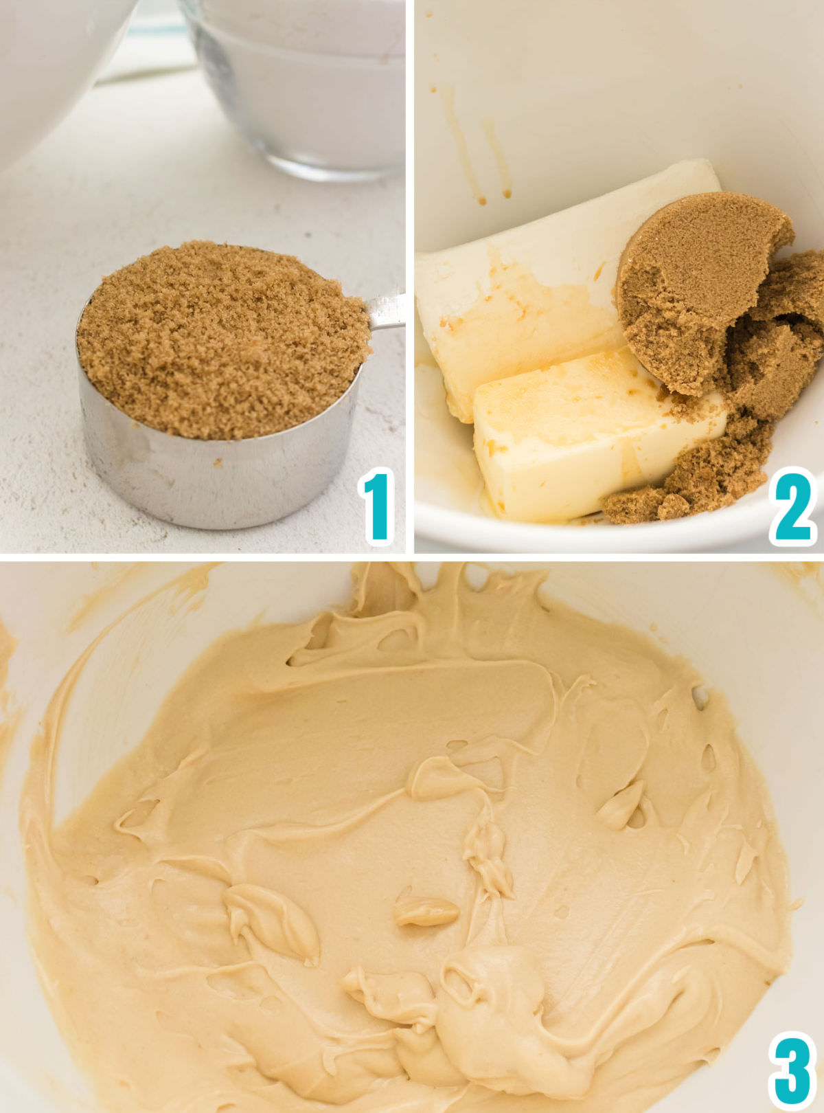 Collage image showing the steps for mixing the butter, cream cheese, vanilla and brown sugar to make the best flavored frosting.