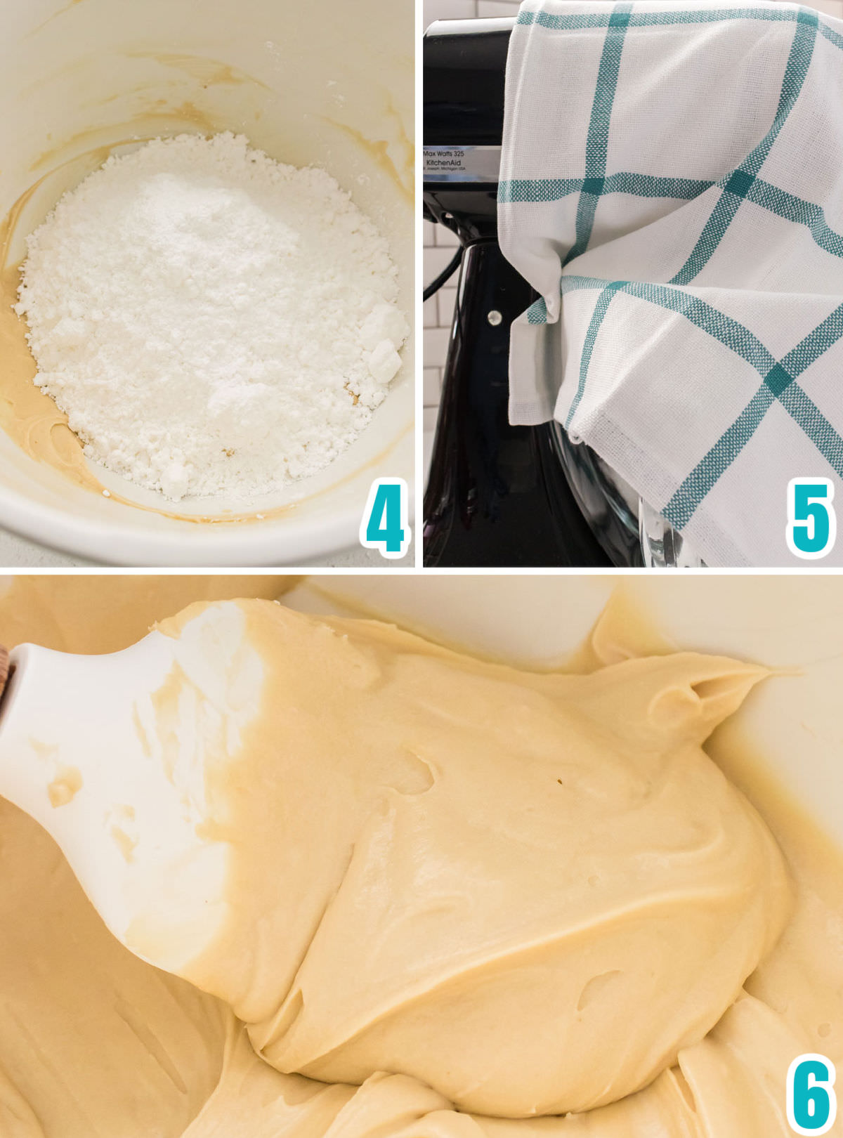 Collage image showing the steps for adding the powdered sugar to the butter/cream cheese mixture.