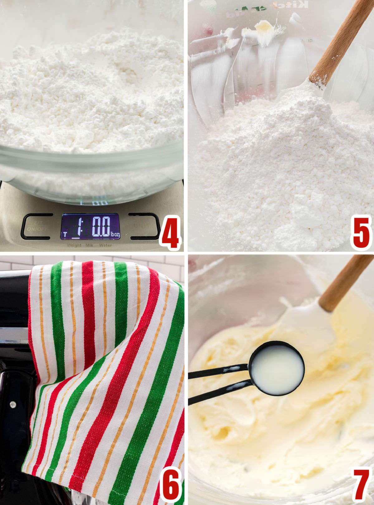 Collage image showing the steps for adding the powdered sugar to the frosting.