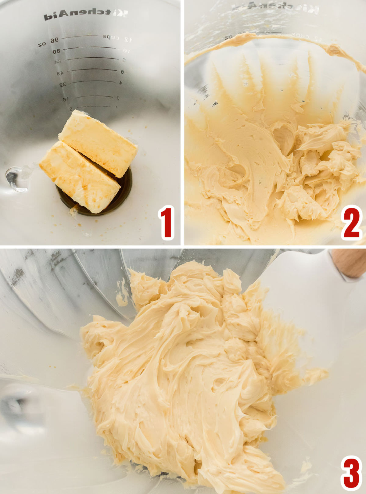 Collage image showing how to cream the butter and the vanilla together to get the best tasting Buttercream Icing.