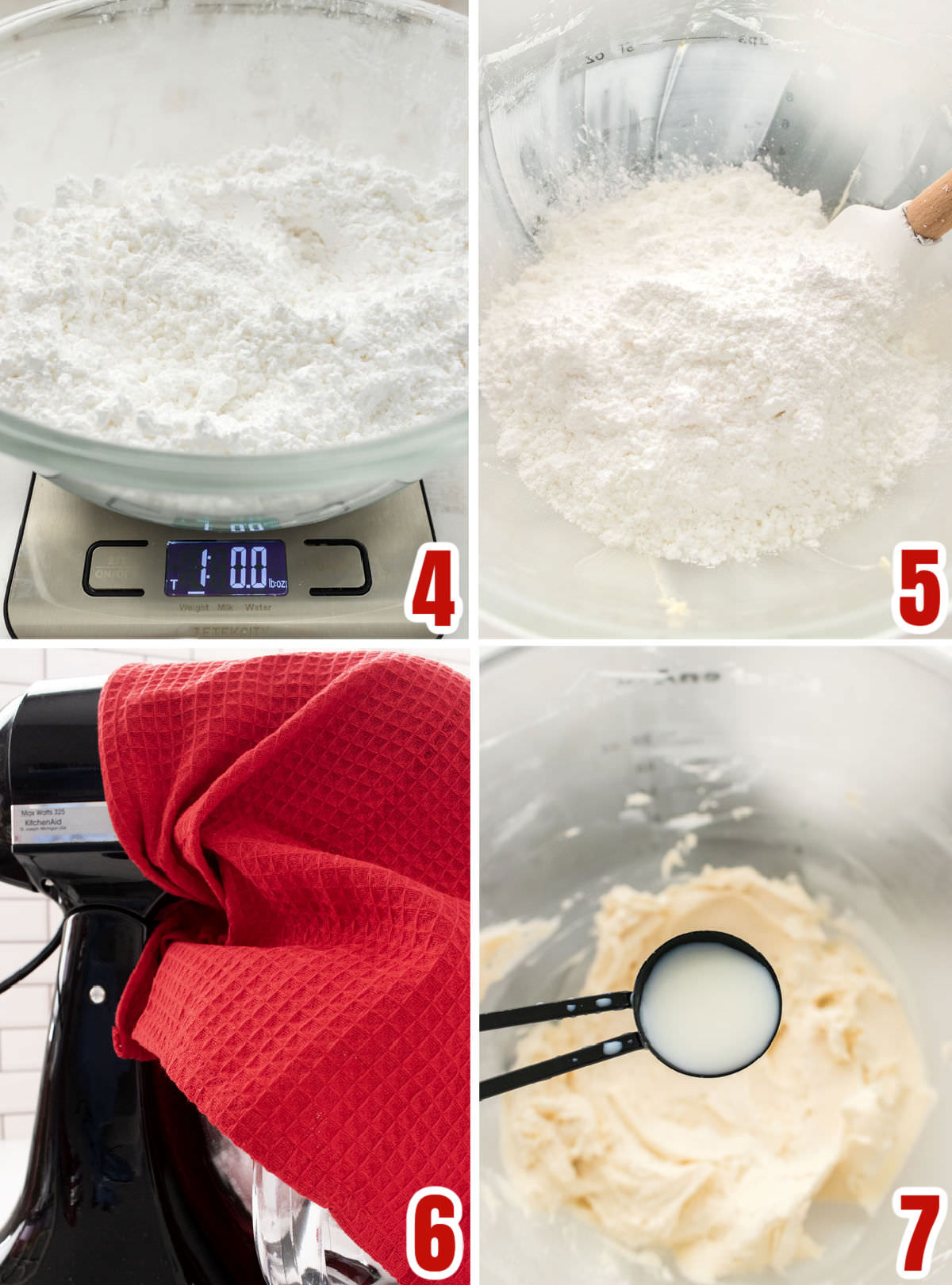 Collage image showing the steps for adding the Powdered Sugar to the frosting.