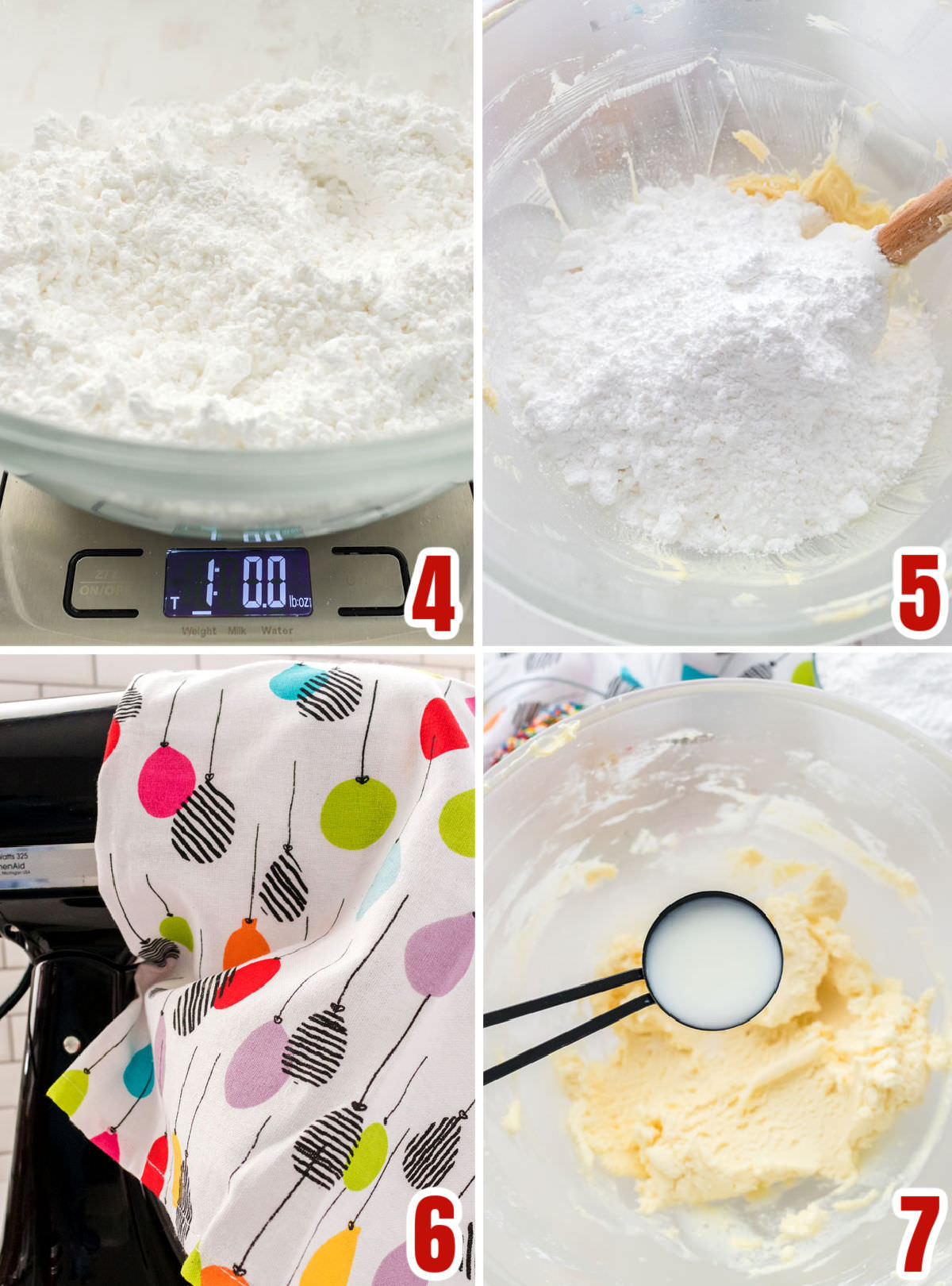 Collage image showing how to add the powdered sugar to the butter/cake batter mixture.