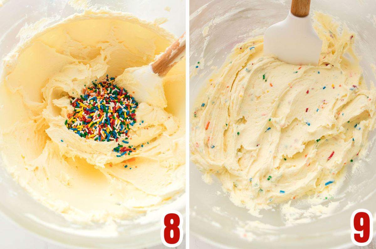 Collage image showing how to add the sprinkles to the Cake Batter icing.