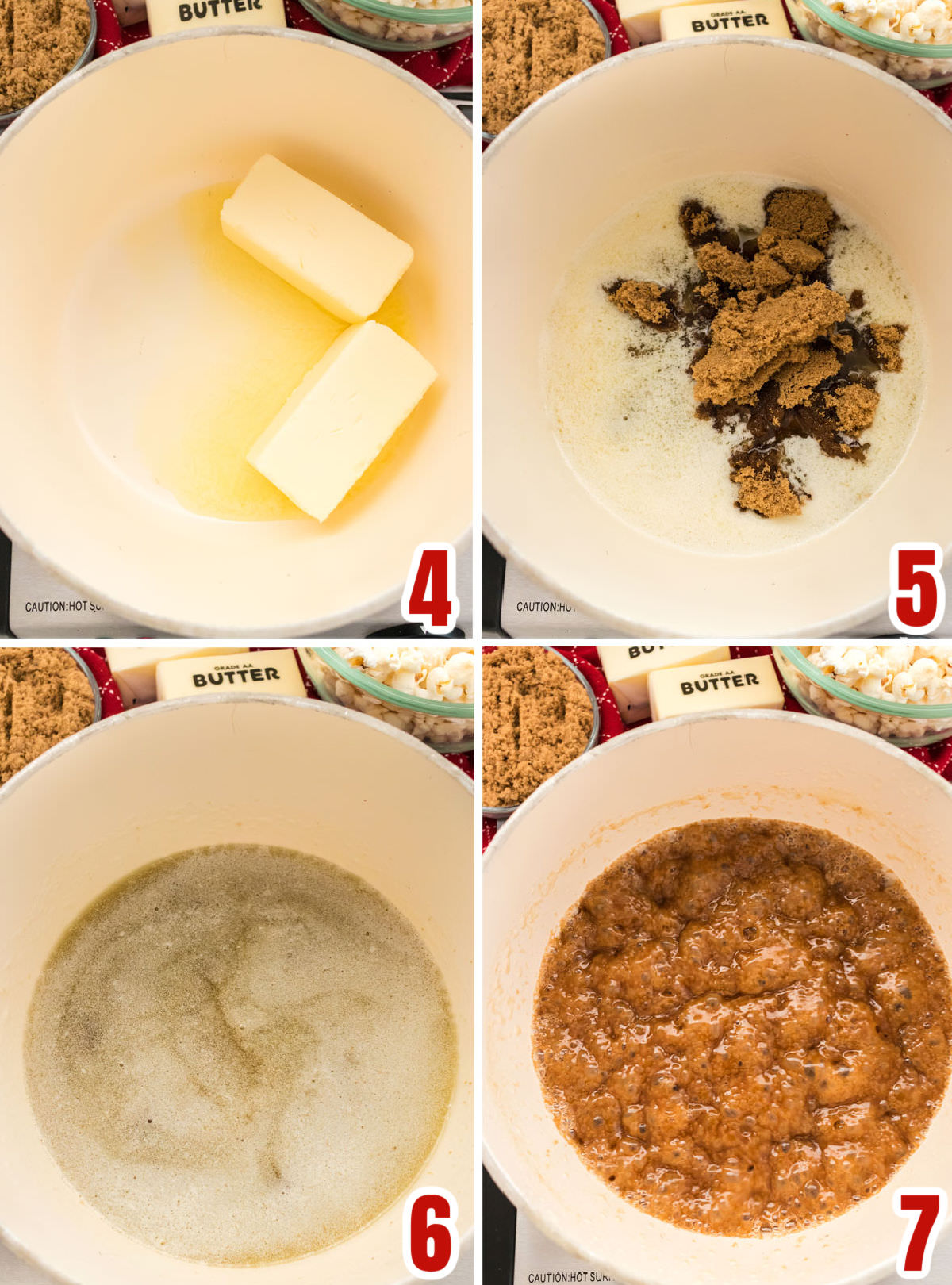 Collage image showing the steps for melting the butter and adding in the brown sugar to make the caramel mixture.