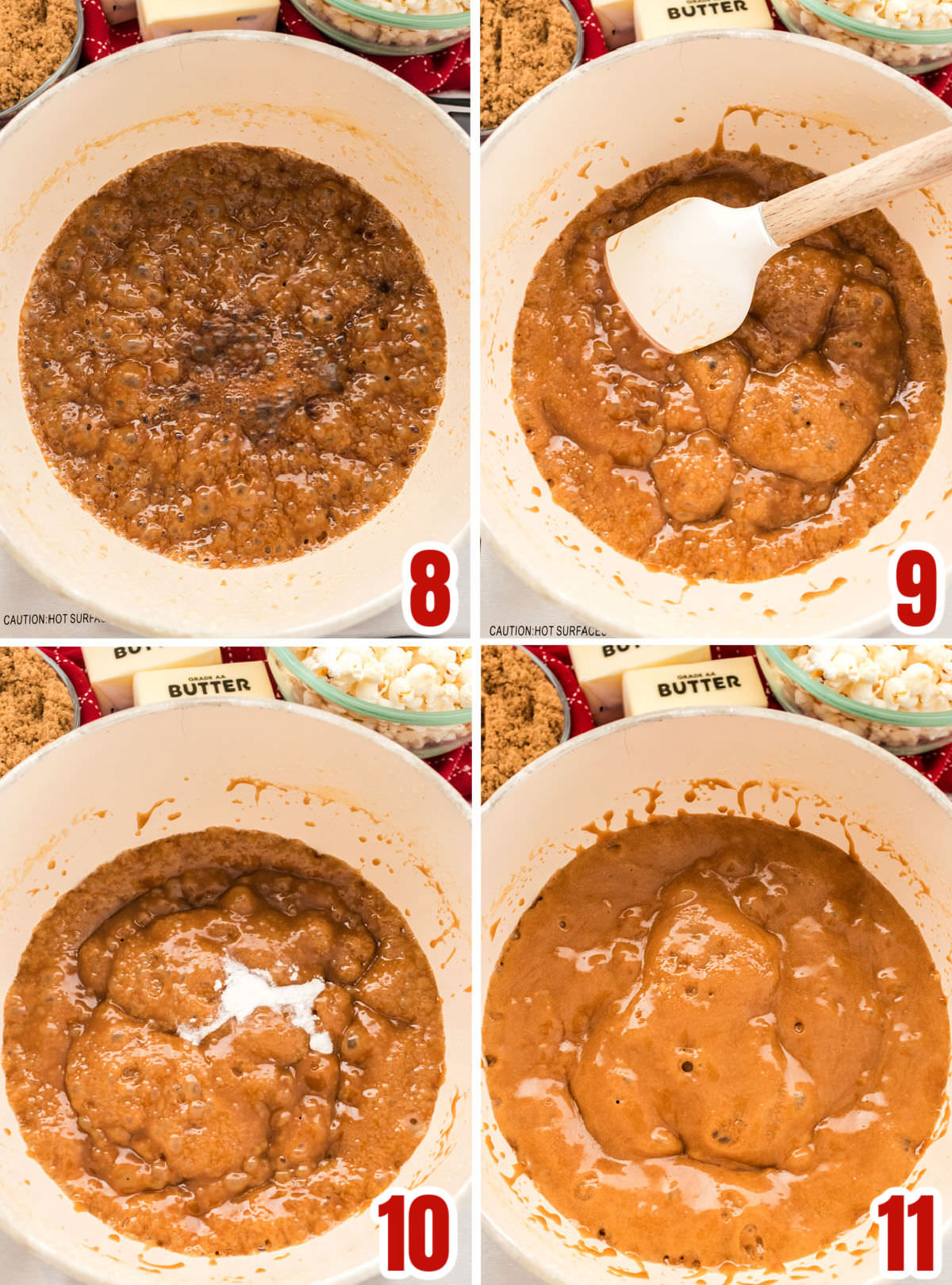 Collage image showing the steps for cooking the caramel mixture.