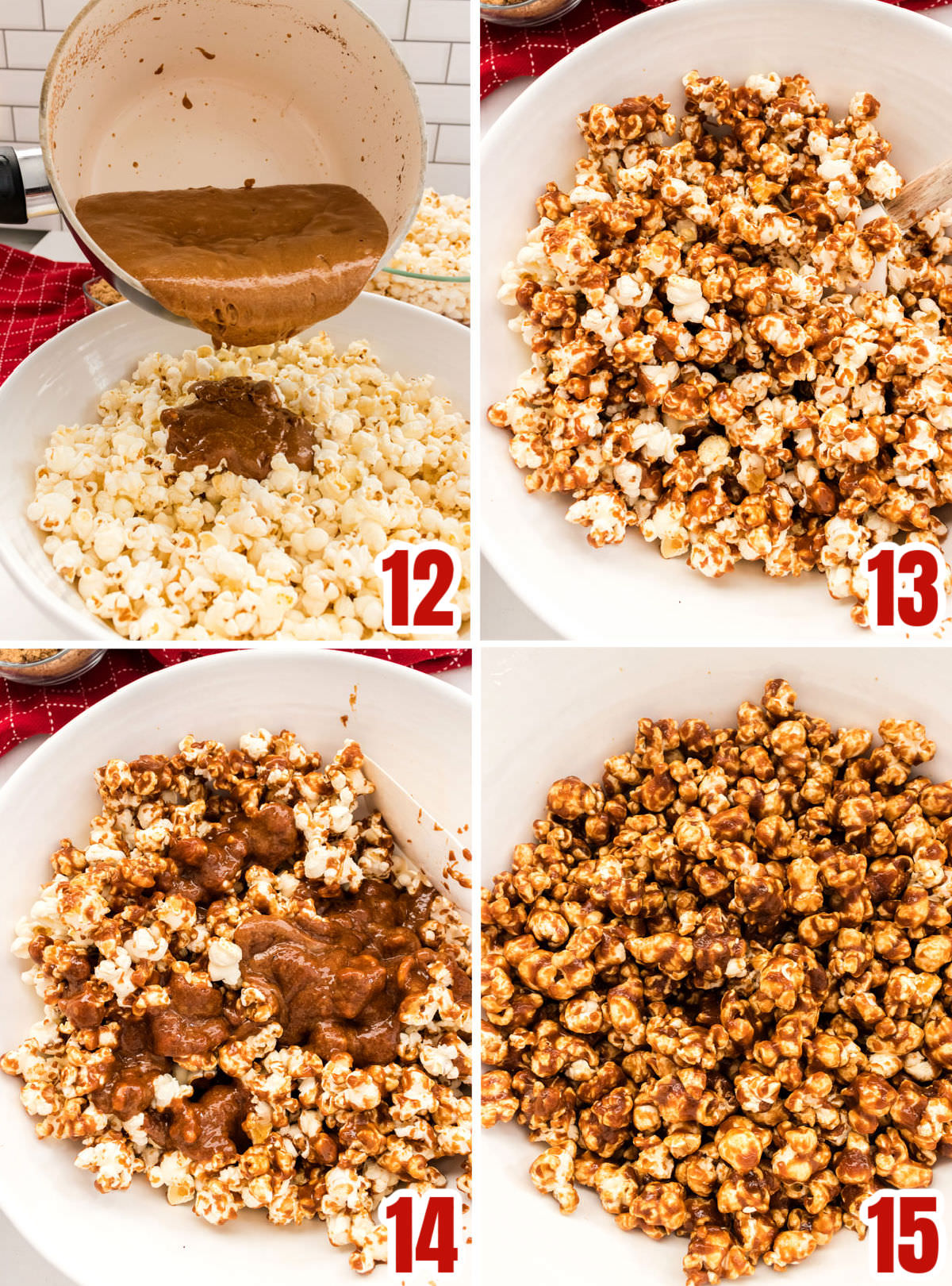 Collage image showing the steps for adding the caramel mixture to the popcorn to make the caramel corn.