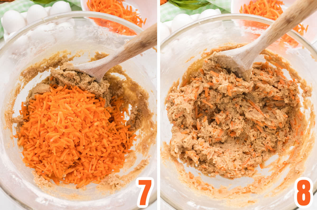Collage image showing the steps for adding the shredded carrots to the cookie dough.