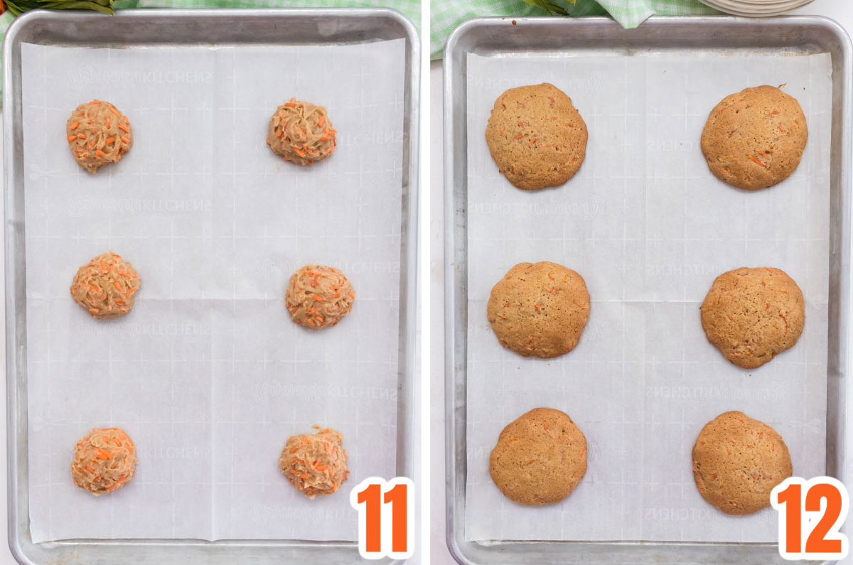 Collage image showing the cookies before they go into the oven and after they come out of the oven.