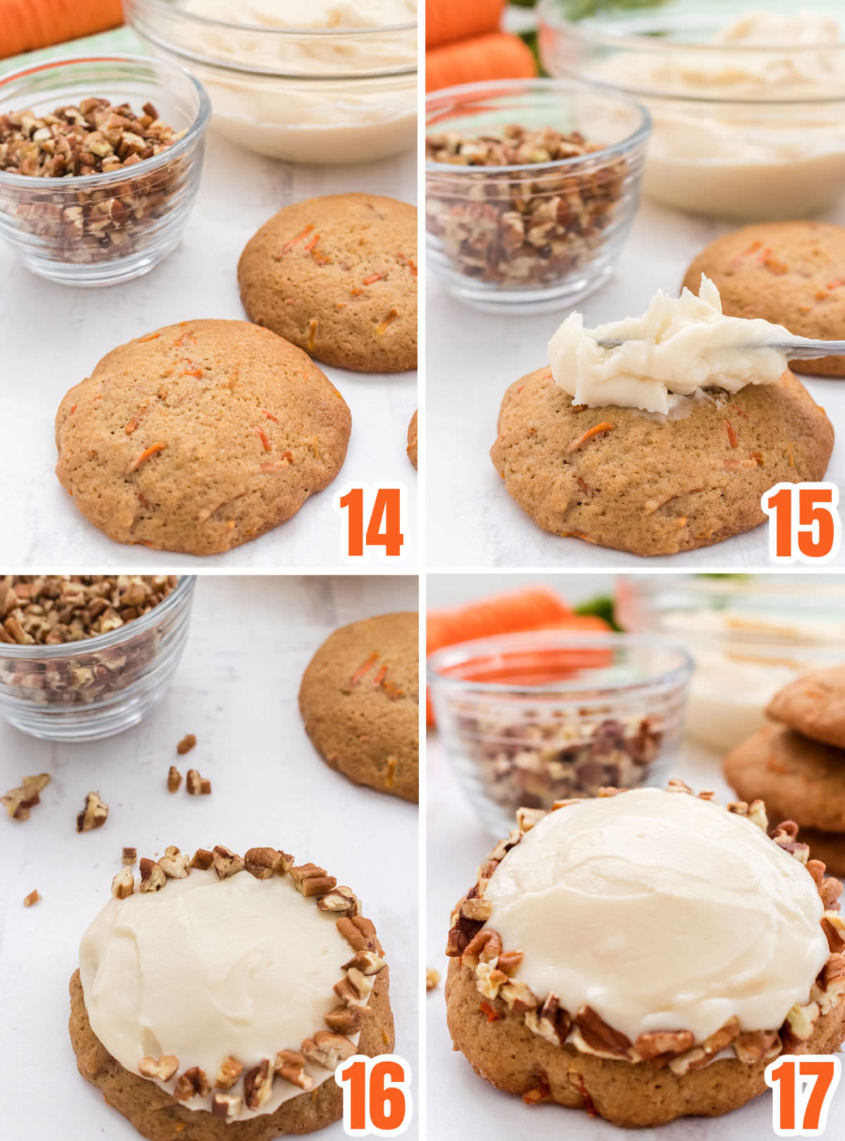 Collage image showing how to frost and decorate the Carrot Cake Cookies.