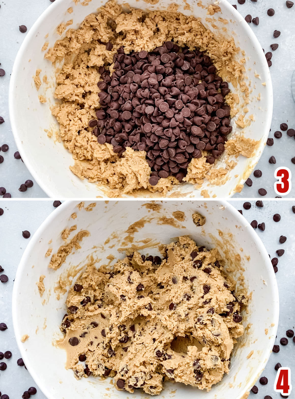 Collage image showing the steps for making the cookie dough for the Chocolate Chip Cookies.