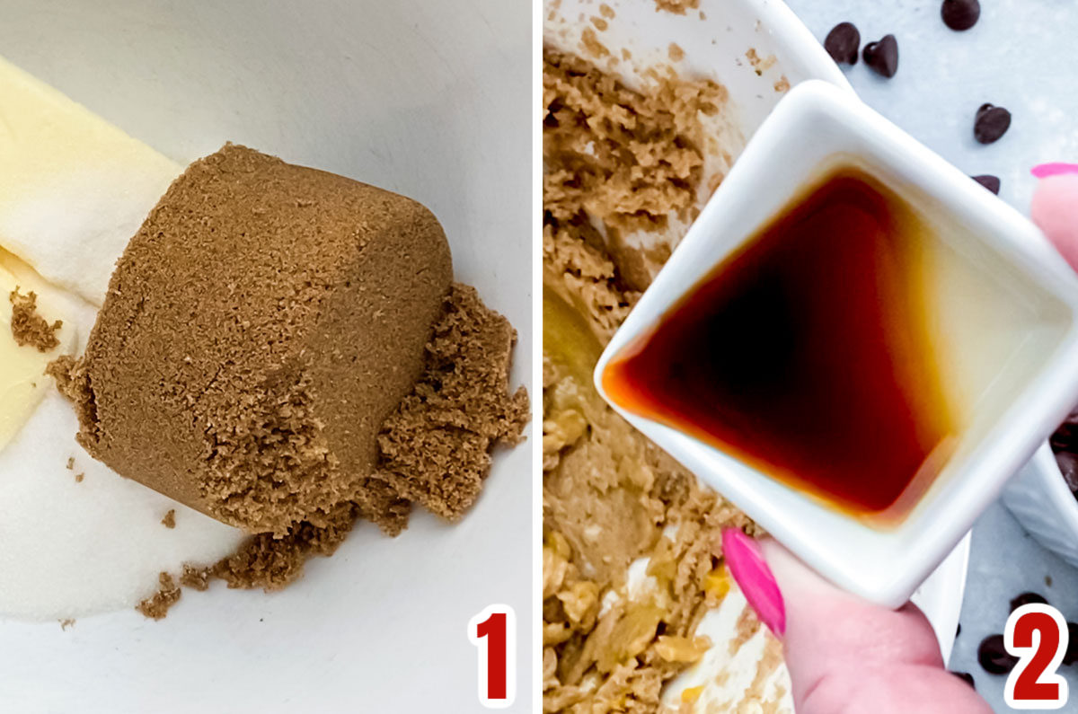 Collage image showing a mixing bowl with filled with granulated sugar and brown sugar and a close up of a ramekin filled with vanilla extract.
