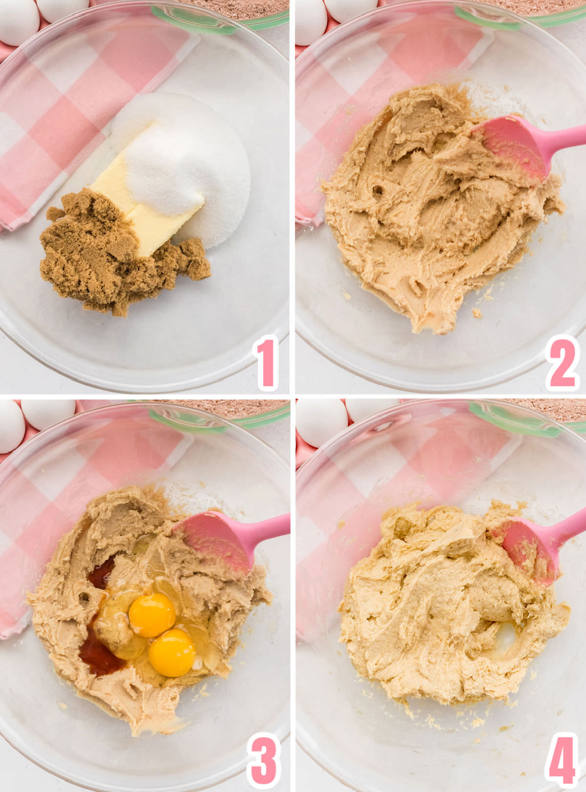 Collage image showing the steps for making the cookie dough for the Chocolate Cookies.