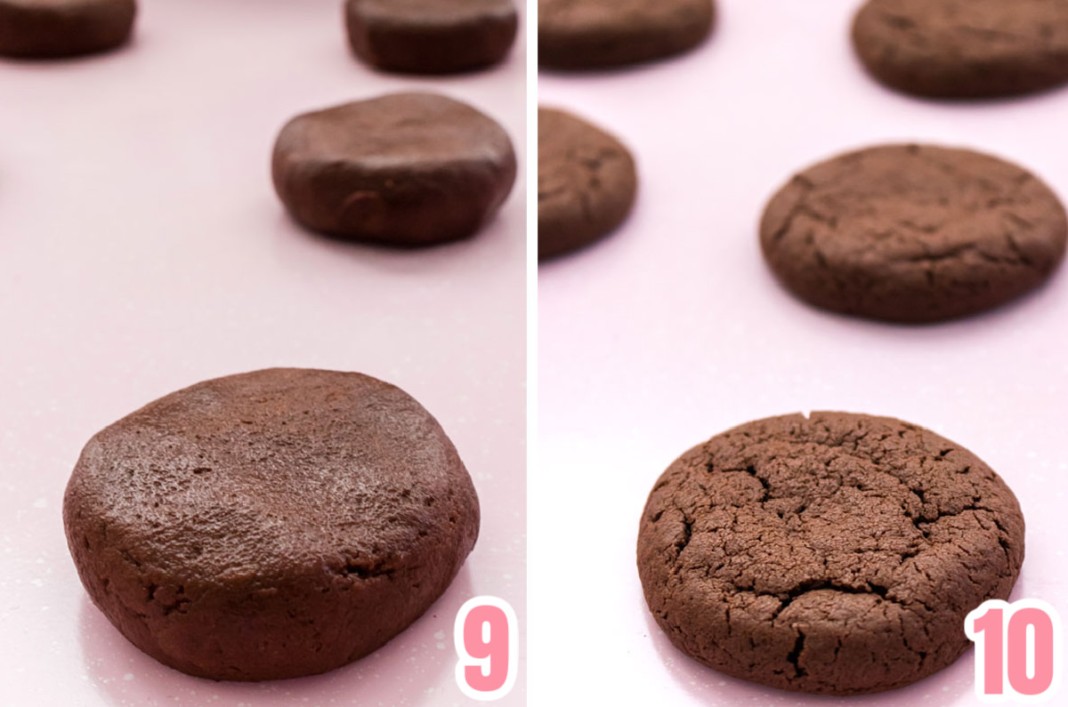 Collage image showing chocolate cookies just before going into the oven and just out of the oven.