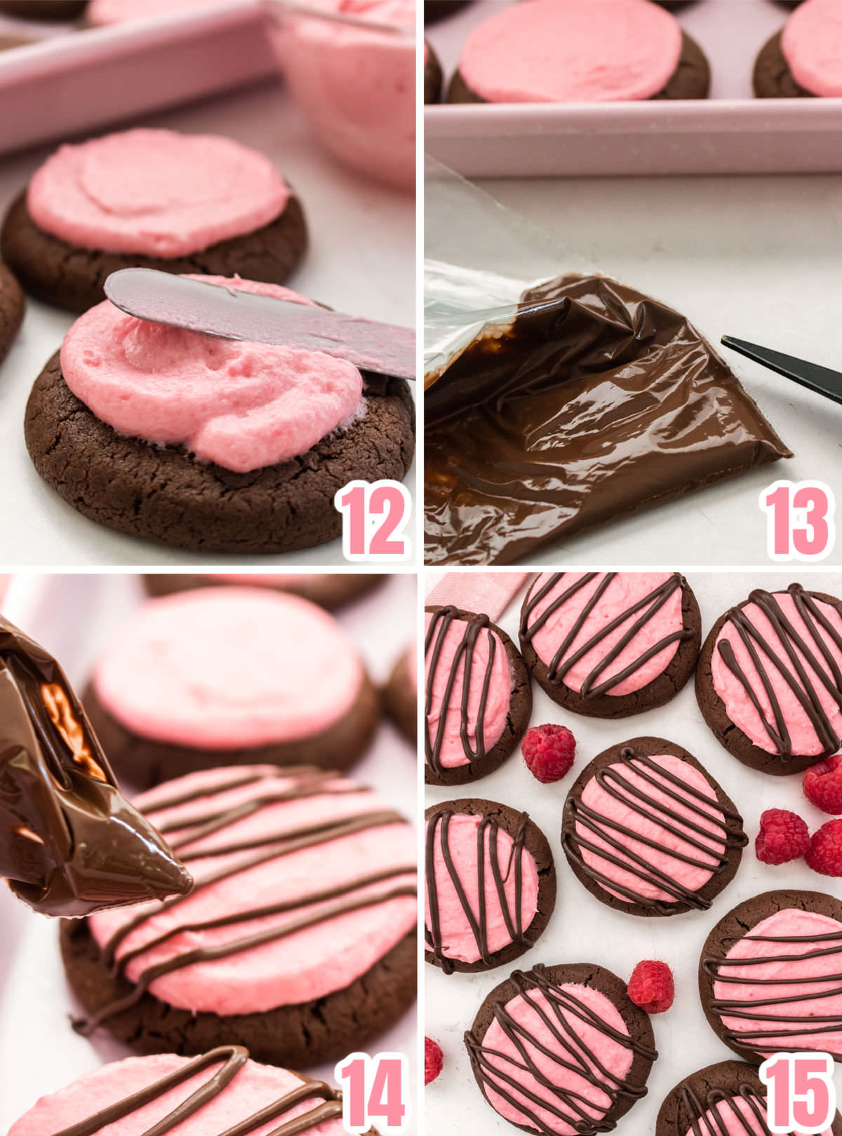 Collage image showing the steps required to frost the chocolate cookies with homemade Raspberry Frosting.