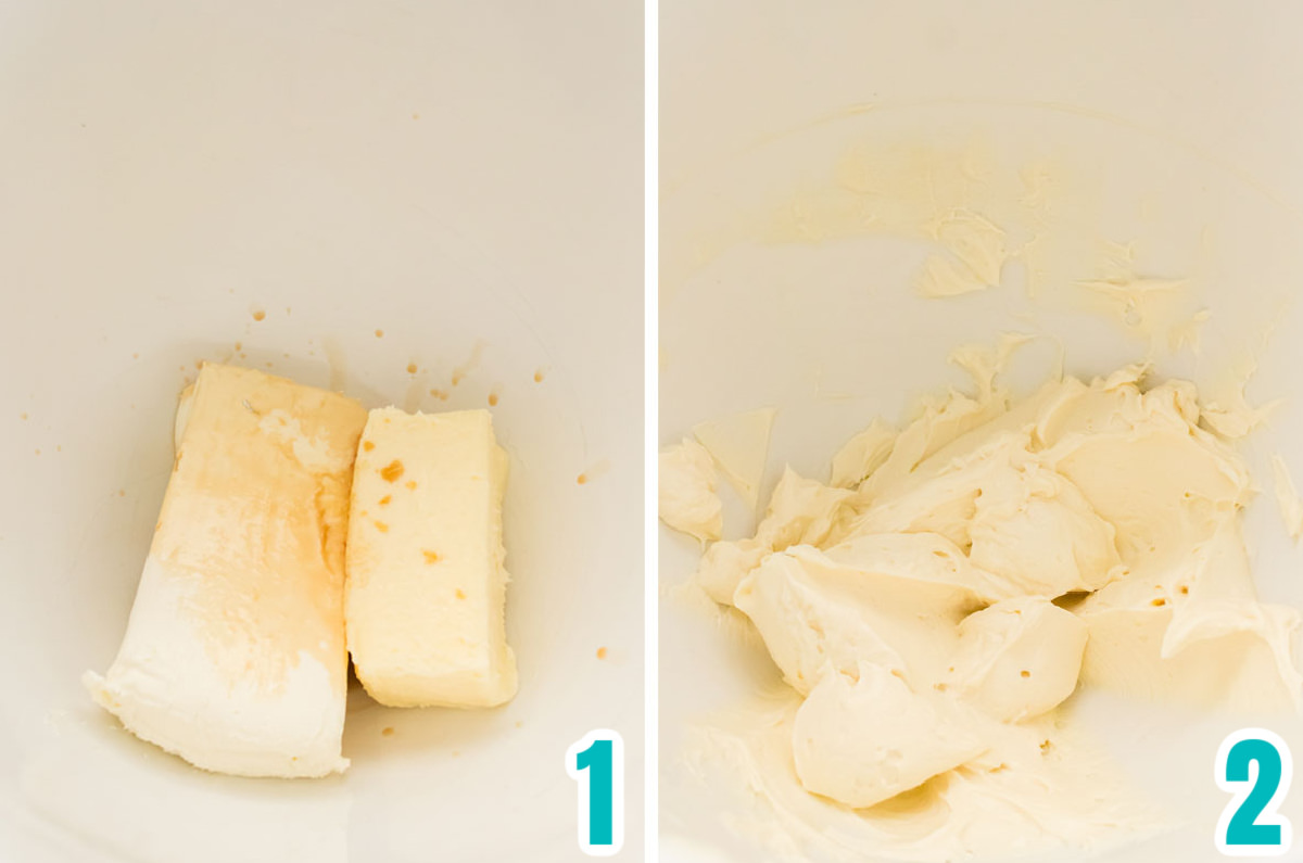 Collage image showing how to mix the cream cheese, butter and vanilla.
