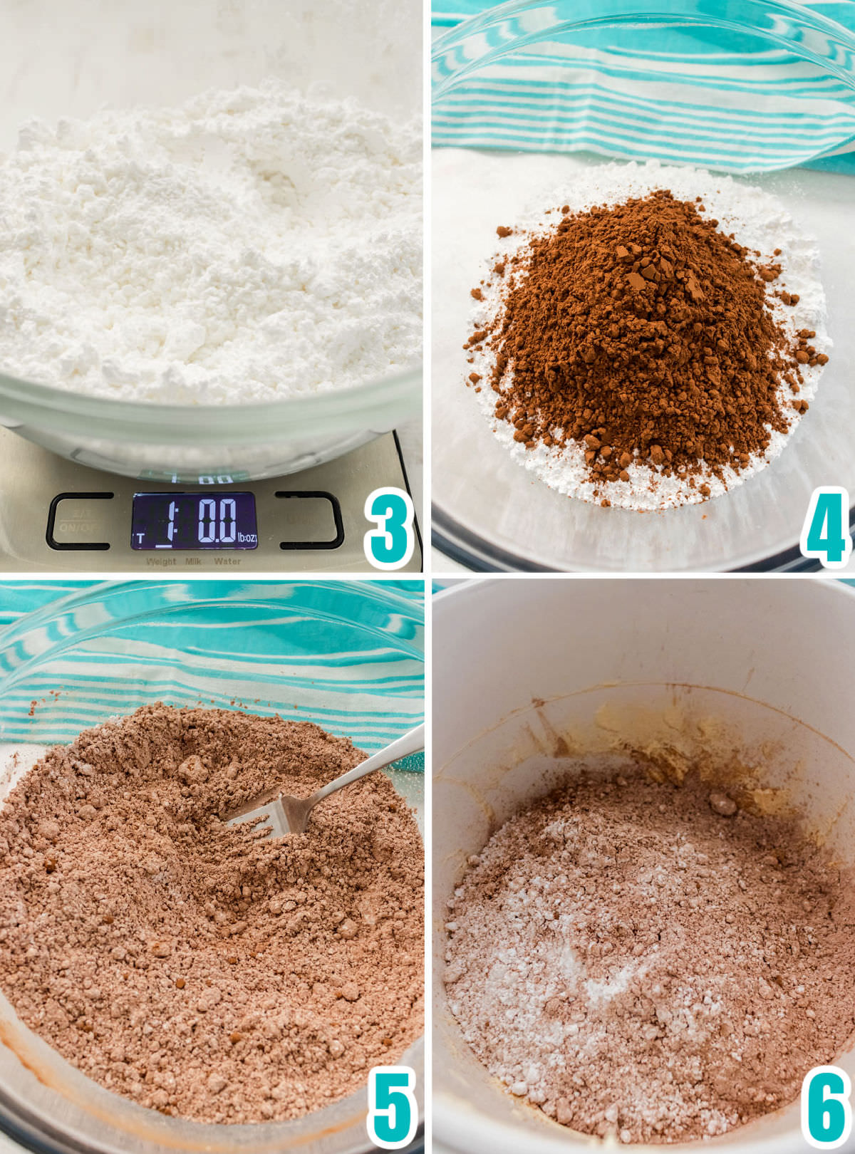 Collage image showing how to make the powdered sugar and the cocoa powder for the best flavored frosting.
