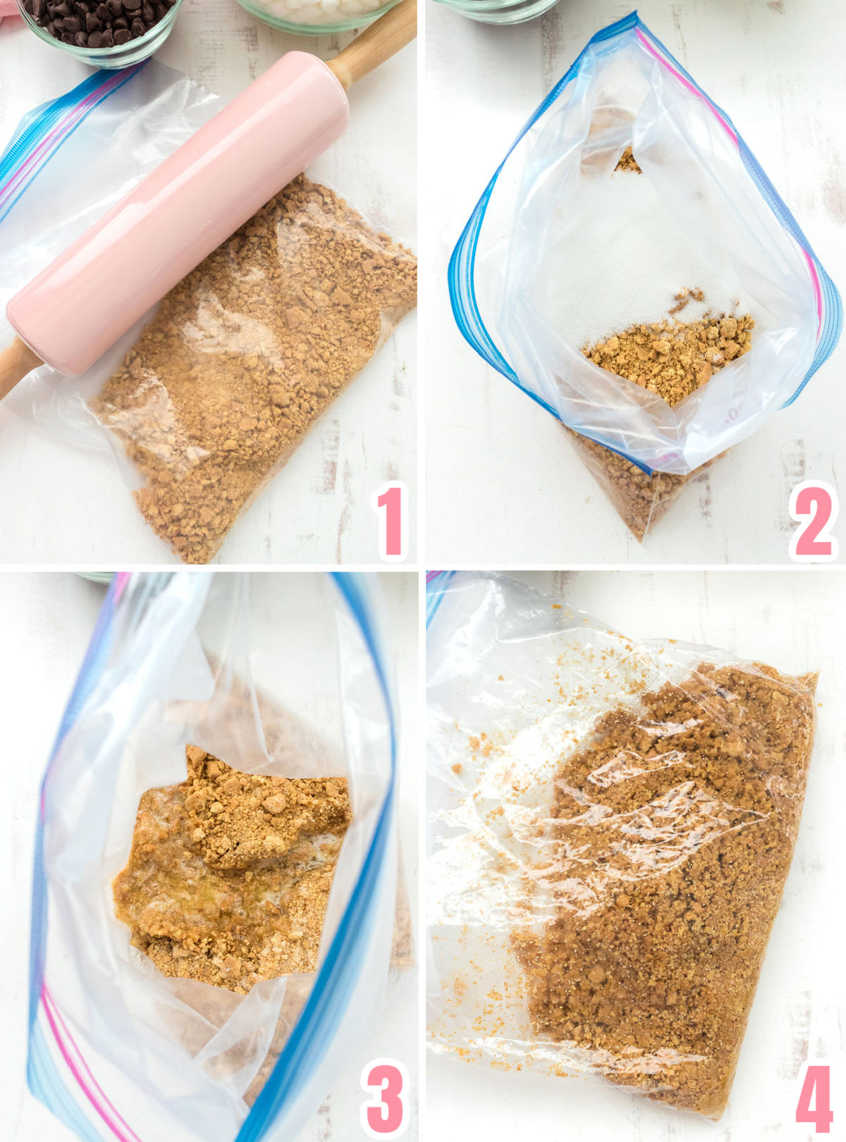 Collage image showing the steps for making a Graham Cracker Crust.
