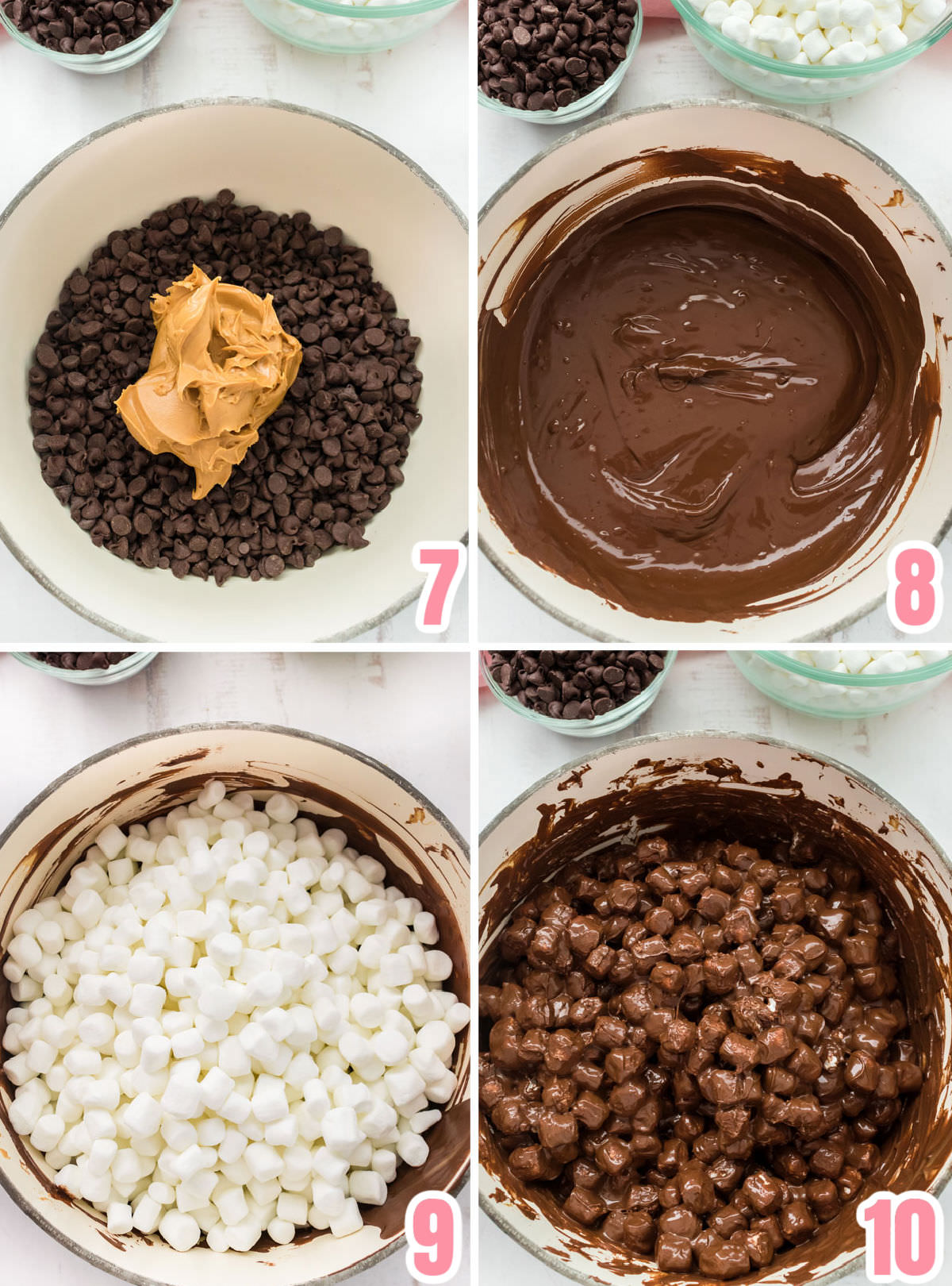Collage image showing the steps for how to melt the chocolate and peanut butter and add the mini marshmallows.