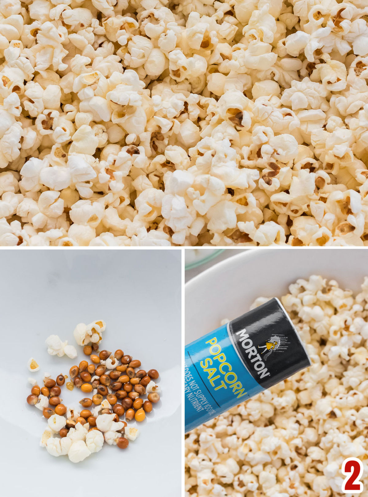 Collage image showing the steps to make homemade popcorn.